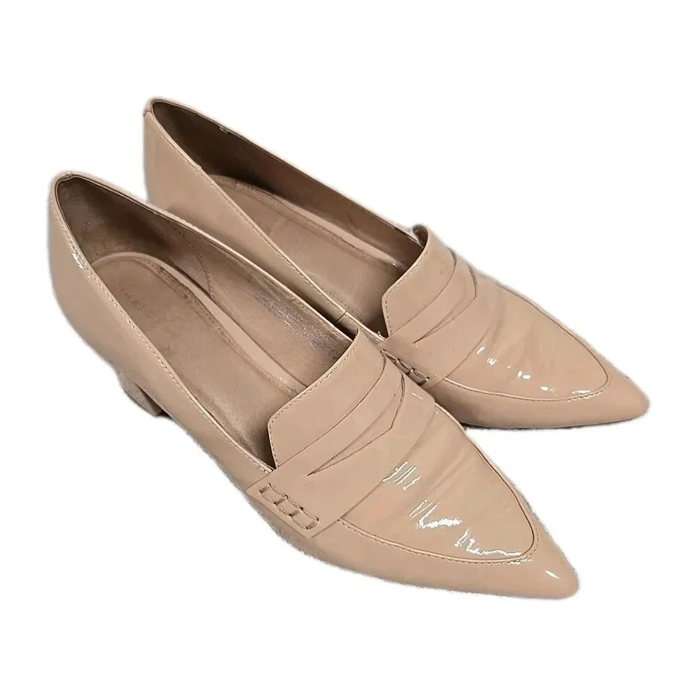 Halogen Loafers Heels Pointed Toe Slip On shoes Shiny Leather Beige Women's‎ 7.5